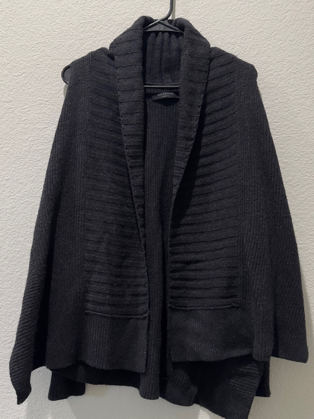 All Saints Able Open Shoulder Black Ribbed Cardigan